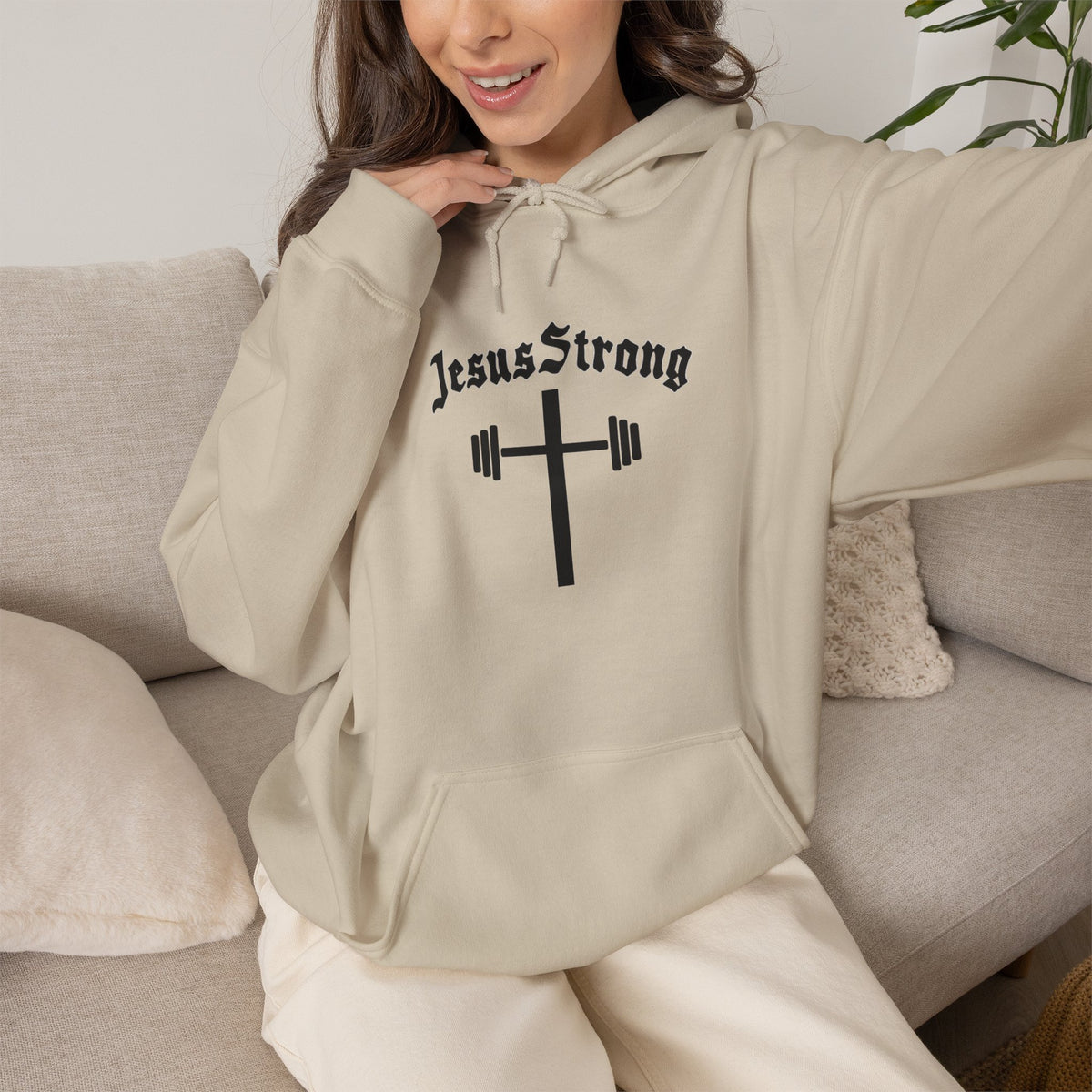 JesusStrong cross with barbell Hoodie | Christian faith workout sweatshirt