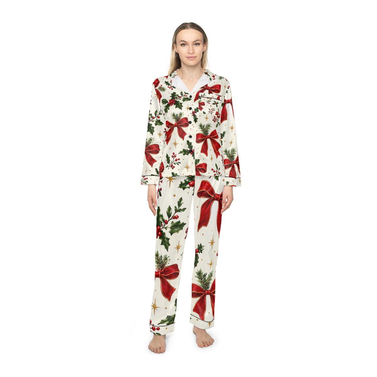 Women's Satin Pajama Set — Red Bow & Holly Christmas Print