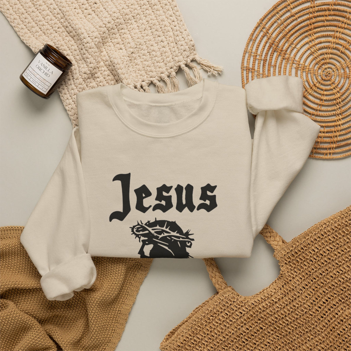 Jesus Christ Crewneck Sweatshirt — Crown of Thorns Graphic Religious Pullover
